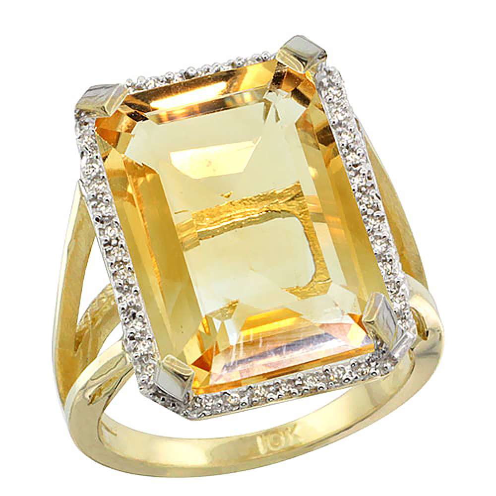 10K Yellow Gold Diamond Natural Citrine Ring Emerald-cut 18x13mm, sizes 5-10
