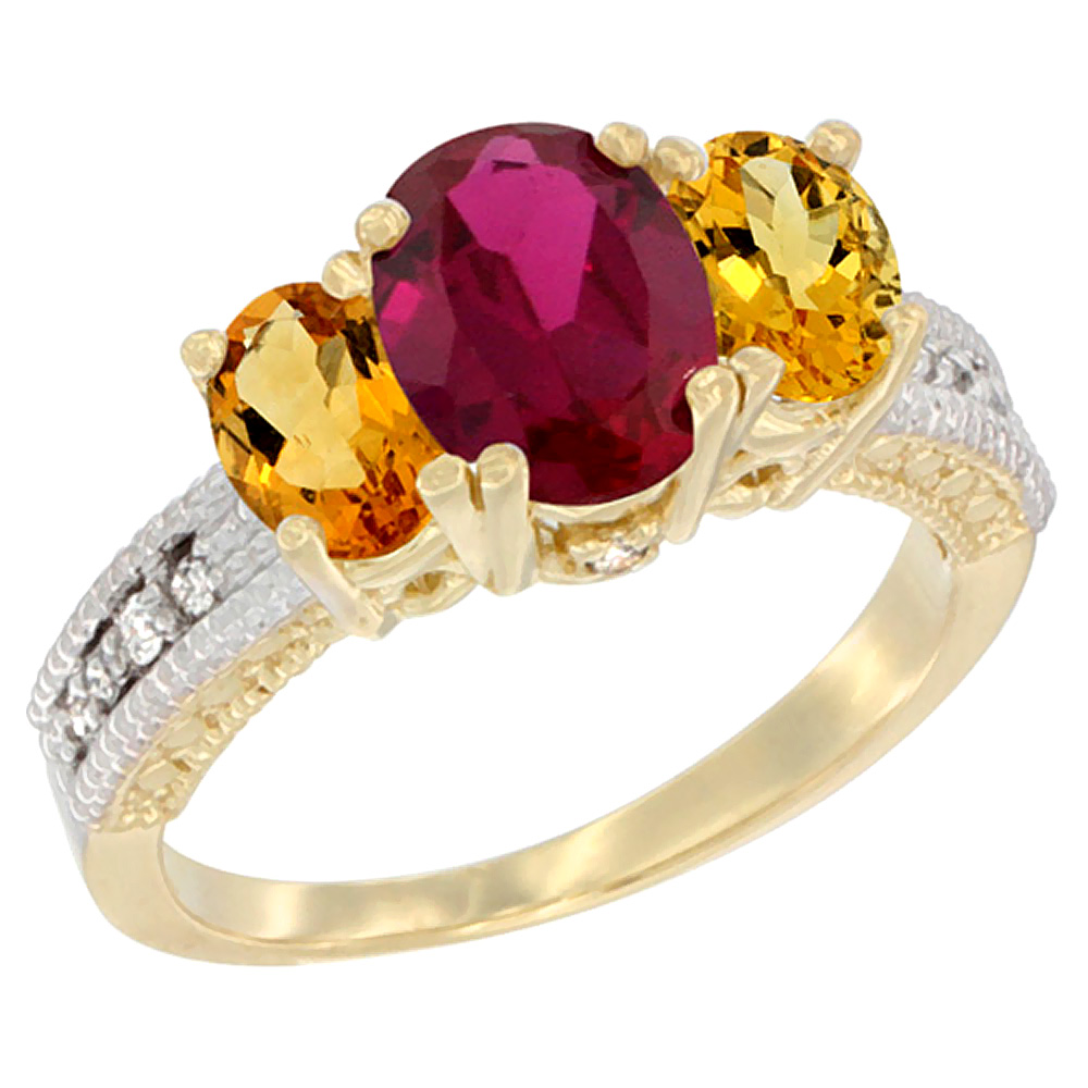 10K Yellow Gold Diamond Quality Ruby 7x5mm &amp; 6x4mm Citrine Oval 3-stone Mothers Ring,size 5 - 10