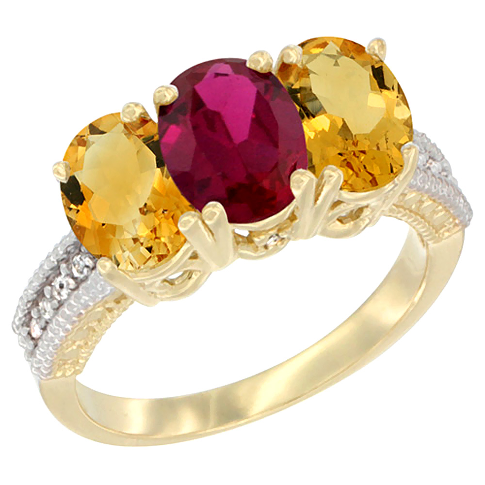 14K Yellow Gold Natural Enhanced Ruby &amp; Natural Citrine Sides Ring 3-Stone 7x5 mm Oval Diamond Accent, sizes 5 - 10