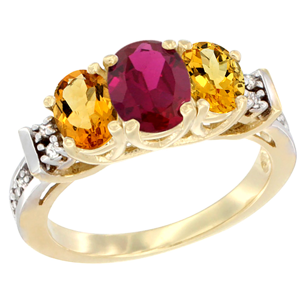 14K Yellow Gold Natural High Quality Ruby &amp; Citrine Ring 3-Stone Oval Diamond Accent