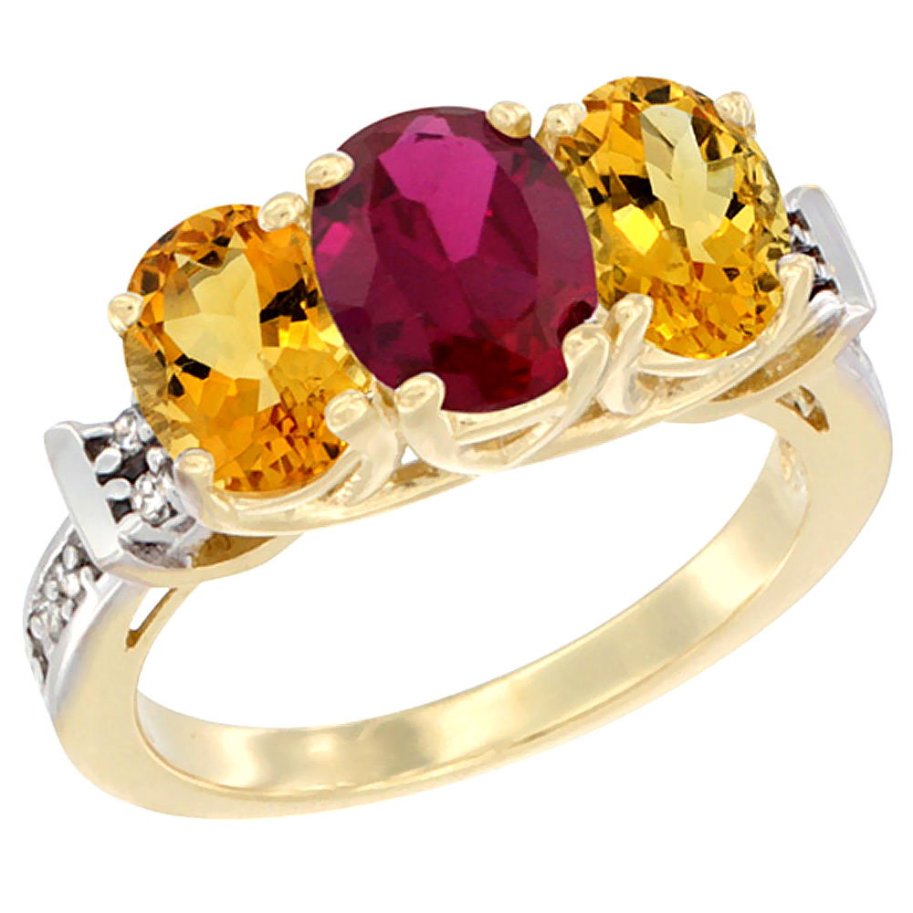 10K Yellow Gold Enhanced Ruby & Citrine Sides Ring 3-Stone Oval Diamond Accent, sizes 5 - 10