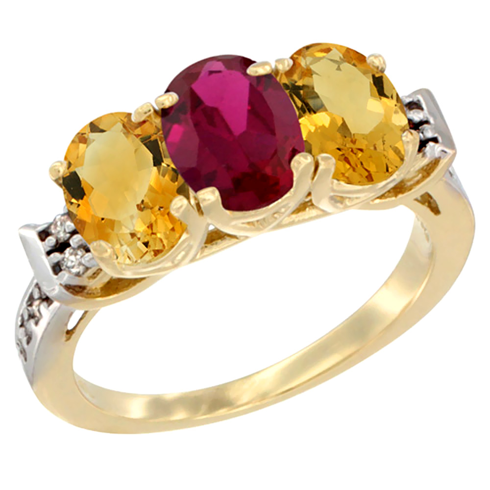14K Yellow Gold Enhanced Ruby &amp; Natural Citrine Sides Ring 3-Stone 7x5 mm Oval Diamond Accent, sizes 5 - 10