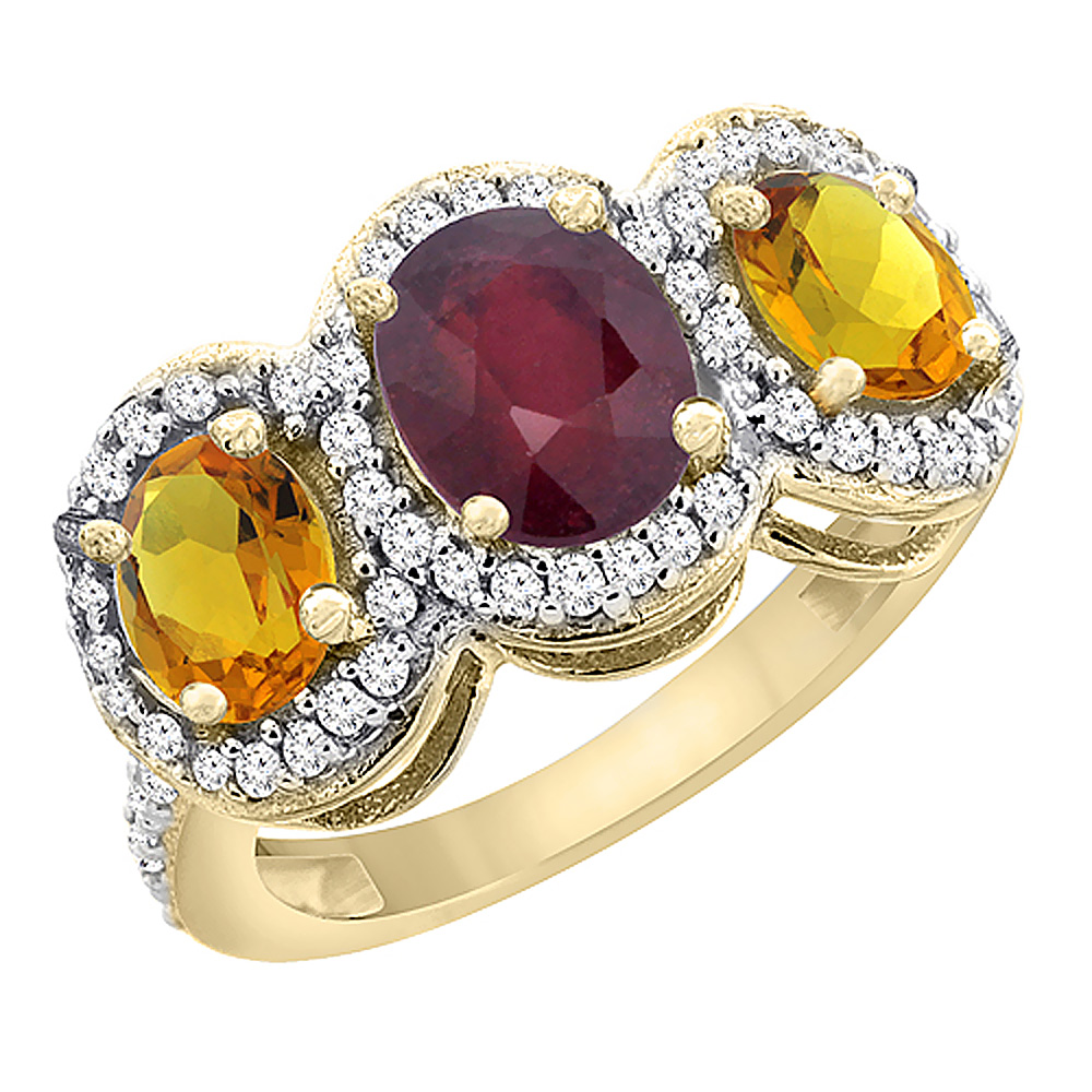 14K Yellow Gold Natural Quality Ruby & Citrine 3-stone Mothers Ring Oval Diamond Accent, size 5 - 10