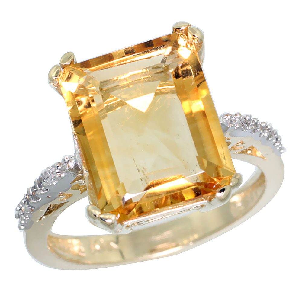 14K Yellow Gold Diamond Natural Citrine Ring Emerald-cut 12x10mm, sizes 5-10