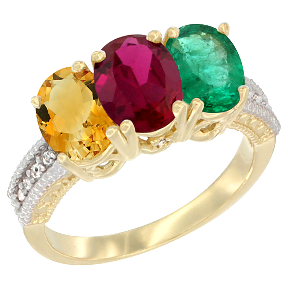 10K Yellow Gold Diamond Natural Citrine, Enhanced Ruby & Emerald Ring 3-Stone 7x5 mm Oval, sizes 5 - 10