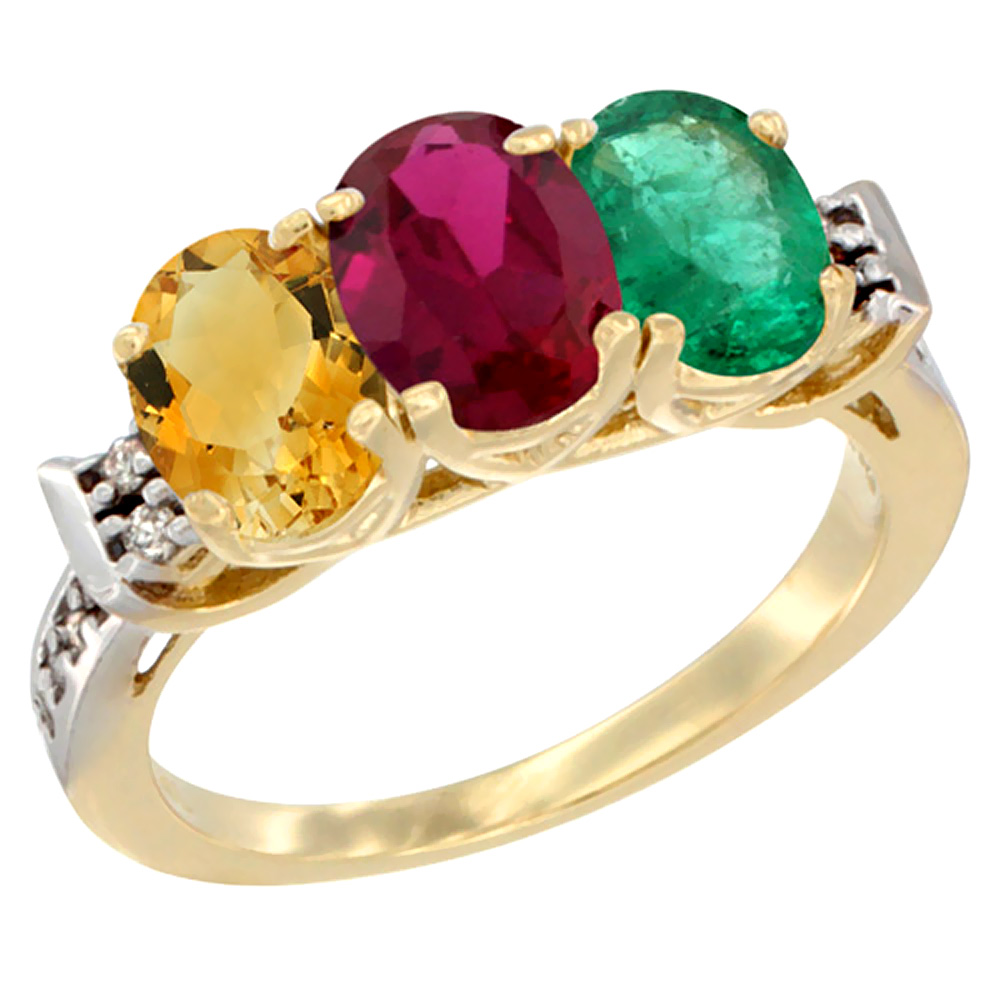 10K Yellow Gold Natural Citrine, Enhanced Ruby & Natural Emerald Ring 3-Stone Oval 7x5 mm Diamond Accent, sizes 5 - 10