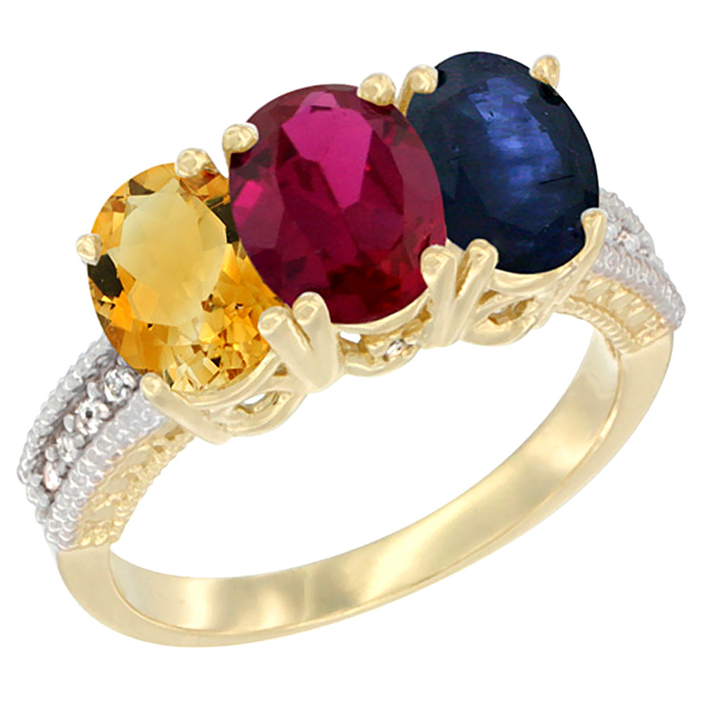 10K Yellow Gold Diamond Natural Citrine, Enhanced Ruby &amp; Blue Sapphire Ring 3-Stone 7x5 mm Oval, sizes 5 - 10