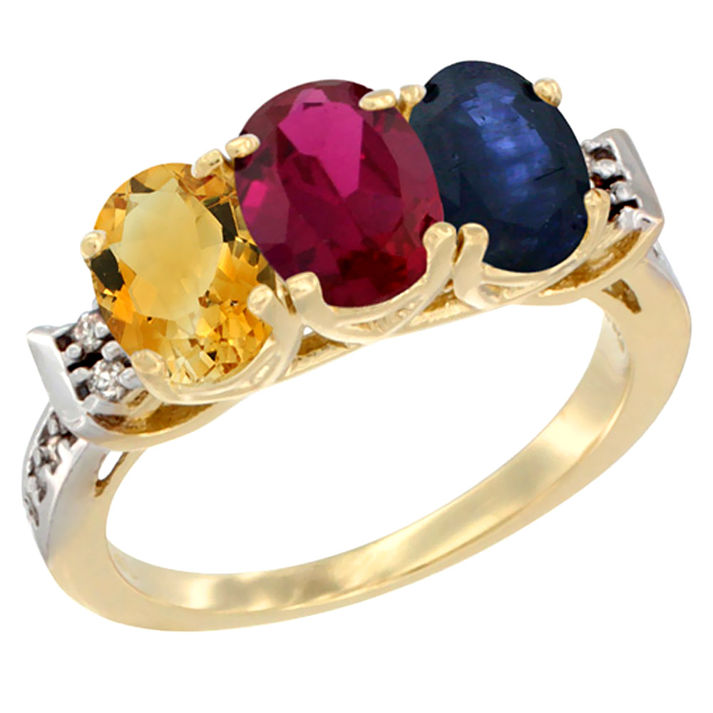 10K Yellow Gold Natural Citrine, Enhanced Ruby & Natural Blue Sapphire Ring 3-Stone Oval 7x5 mm Diamond Accent, sizes 5 - 10