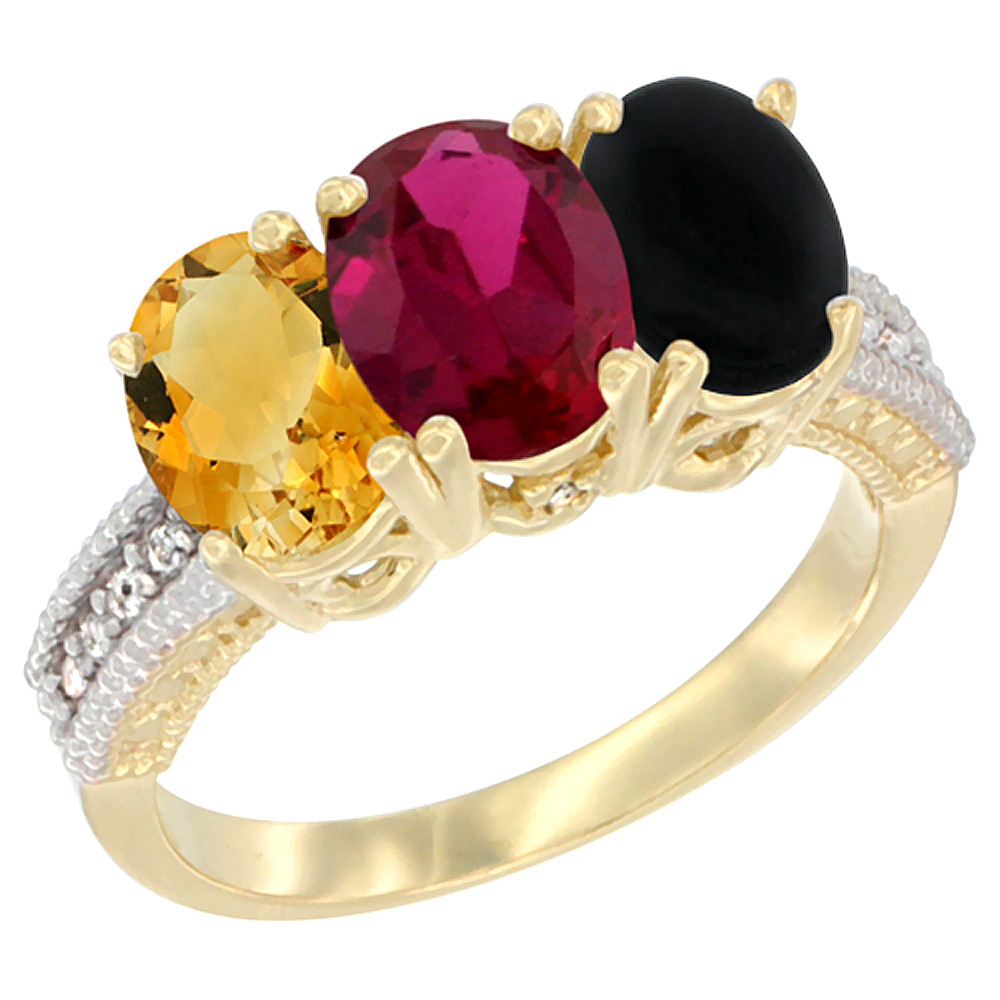10K Yellow Gold Diamond Natural Citrine, Enhanced Ruby &amp; Black Onyx Ring 3-Stone 7x5 mm Oval, sizes 5 - 10