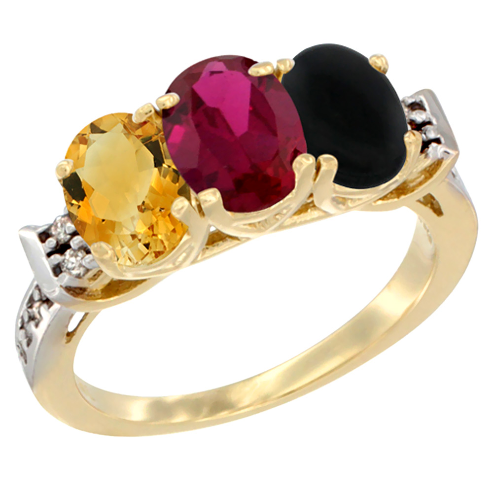 10K Yellow Gold Natural Citrine, Enhanced Ruby &amp; Natural Black Onyx Ring 3-Stone Oval 7x5 mm Diamond Accent, sizes 5 - 10