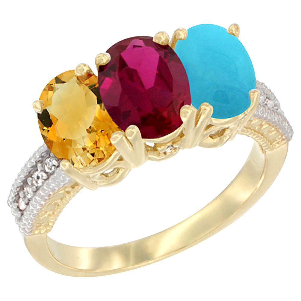 10K Yellow Gold Diamond Natural Citrine, Enhanced Ruby & Turquoise Ring 3-Stone 7x5 mm Oval, sizes 5 - 10