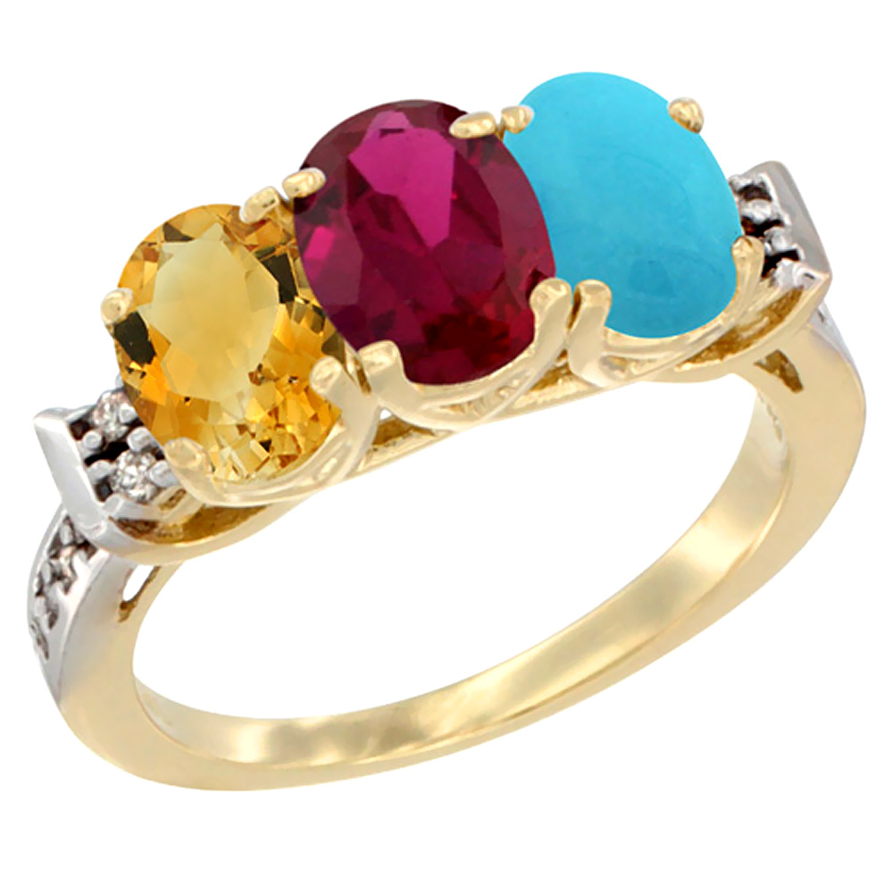 10K Yellow Gold Natural Citrine, Enhanced Ruby & Natural Turquoise Ring 3-Stone Oval 7x5 mm Diamond Accent, sizes 5 - 10