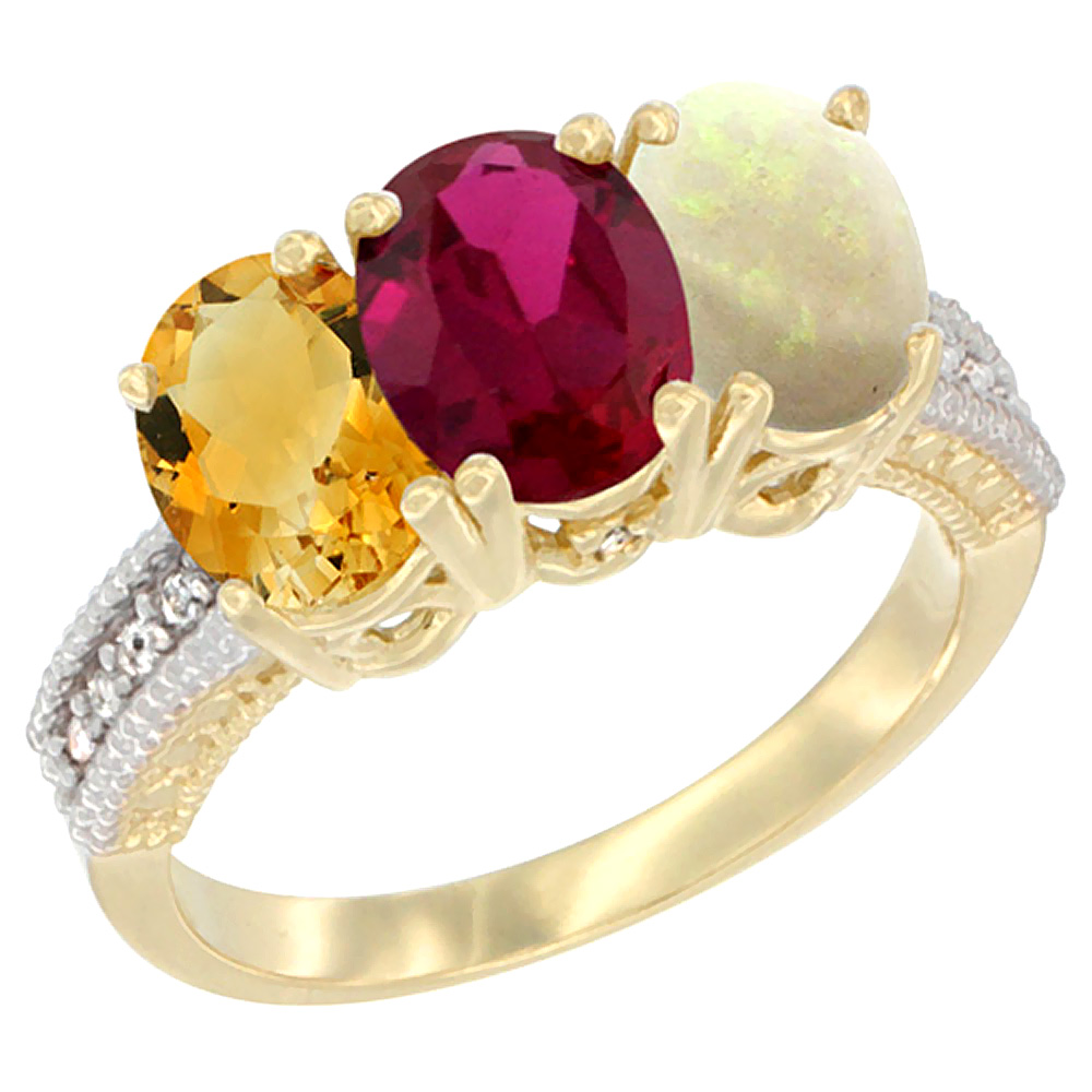 10K Yellow Gold Diamond Natural Citrine, Enhanced Ruby & Opal Ring 3-Stone 7x5 mm Oval, sizes 5 - 10