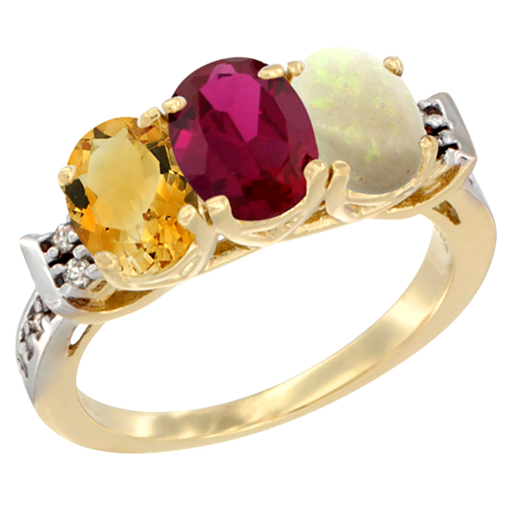 10K Yellow Gold Natural Citrine, Enhanced Ruby & Natural Opal Ring 3-Stone Oval 7x5 mm Diamond Accent, sizes 5 - 10