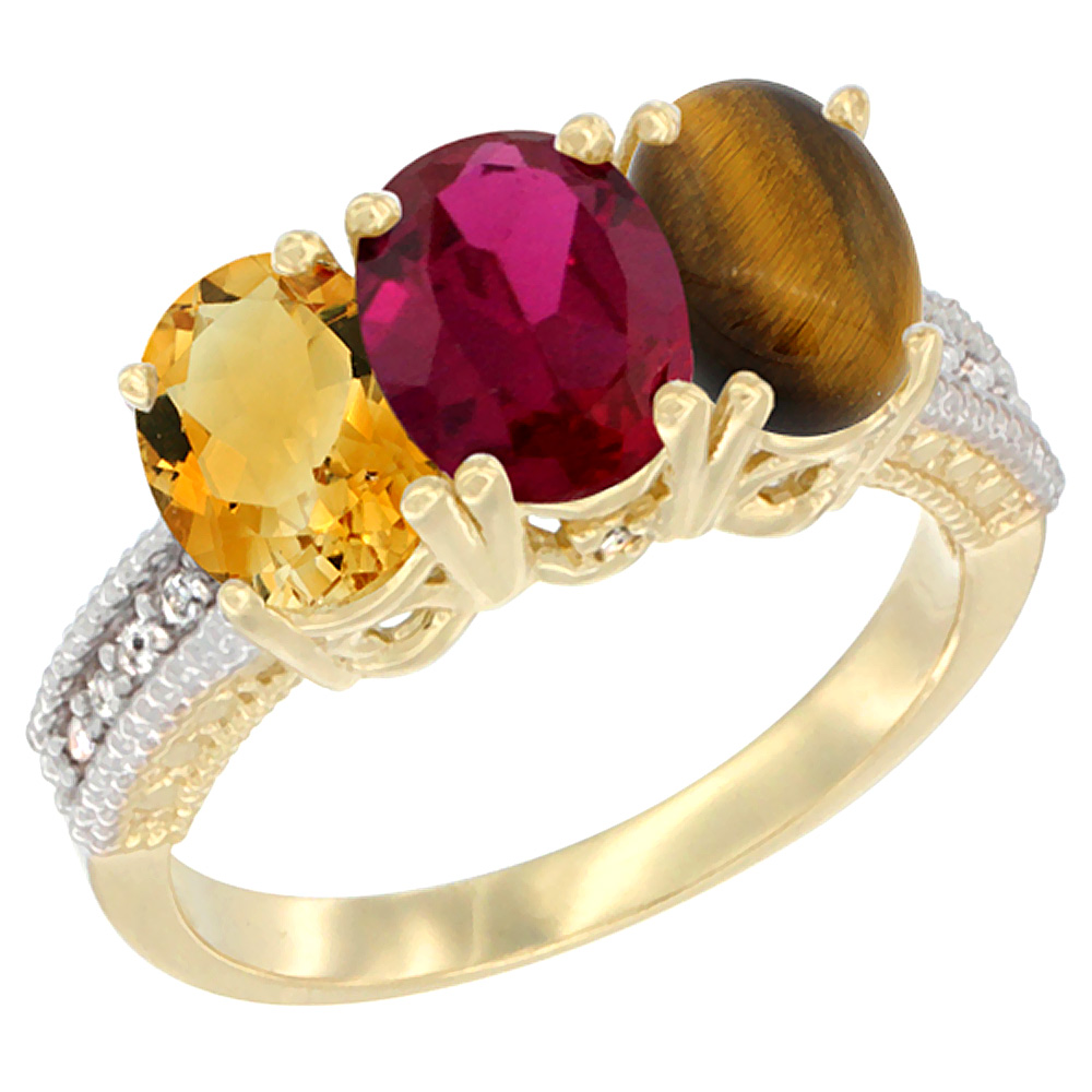 10K Yellow Gold Diamond Natural Citrine, Enhanced Ruby &amp; Tiger Eye Ring 3-Stone 7x5 mm Oval, sizes 5 - 10