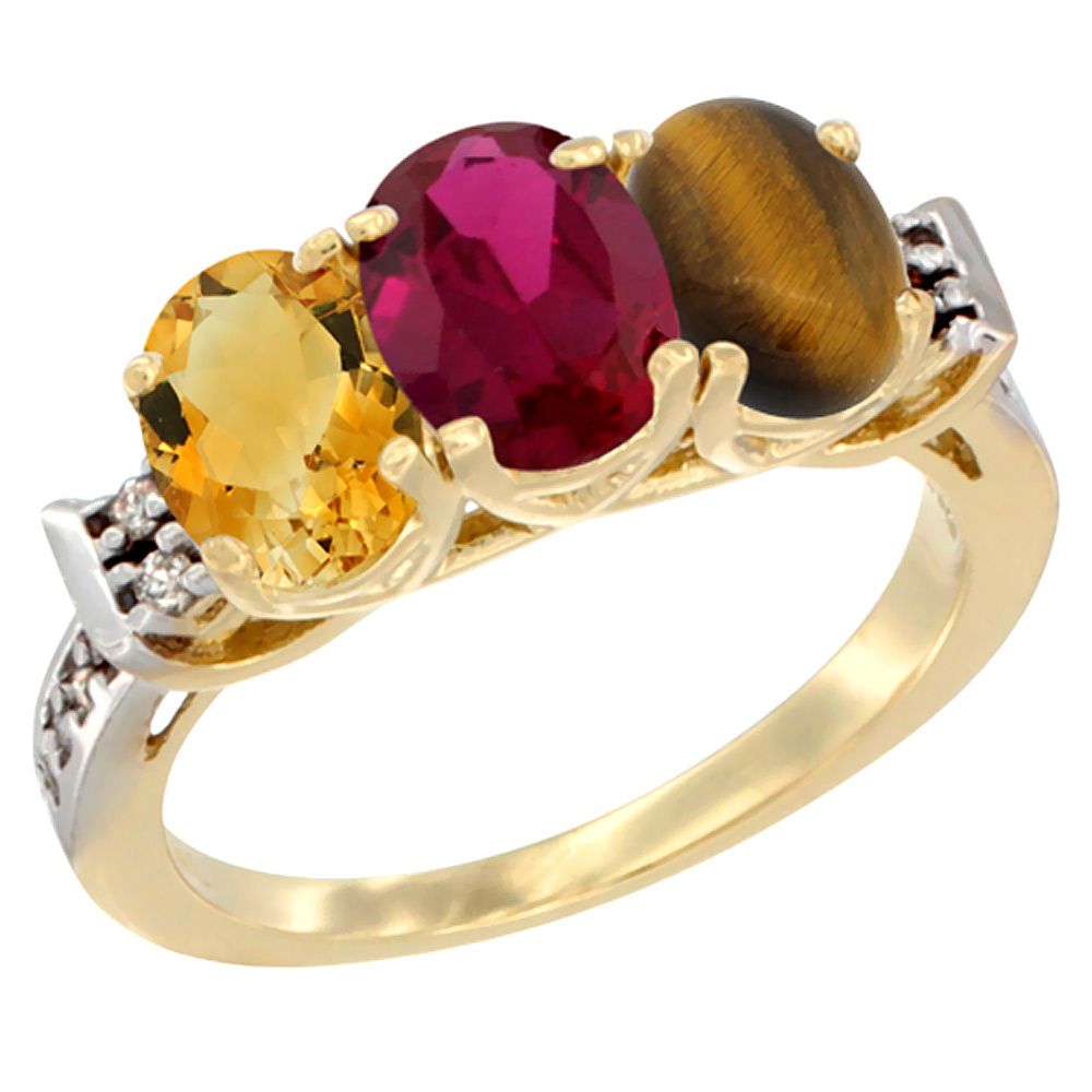 10K Yellow Gold Natural Citrine, Enhanced Ruby &amp; Natural Tiger Eye Ring 3-Stone Oval 7x5 mm Diamond Accent, sizes 5 - 10