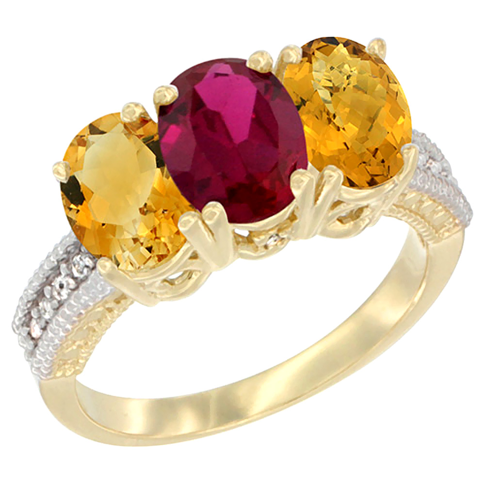 14K Yellow Gold Natural Citrine, Enhanced Ruby &amp; Natural Whisky Quartz Ring 3-Stone 7x5 mm Oval Diamond Accent, sizes 5 - 10