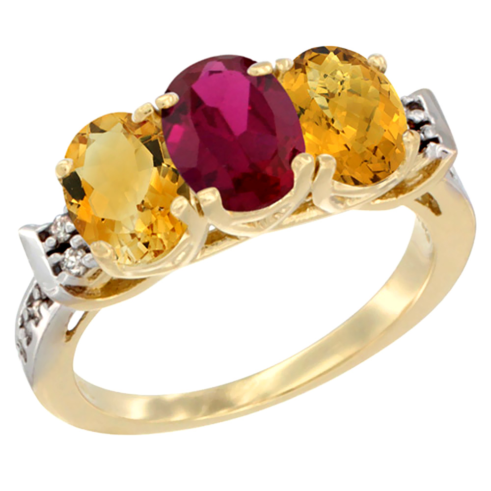 10K Yellow Gold Natural Citrine, Enhanced Ruby &amp; Natural Whisky Quartz Ring 3-Stone Oval 7x5 mm Diamond Accent, sizes 5 - 10