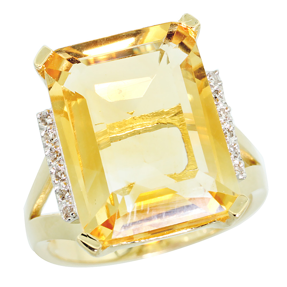 10K Yellow Gold Diamond Natural Citrine Ring Emerald-cut 16x12mm, sizes 5-10