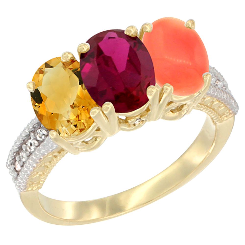 14K Yellow Gold Natural Citrine, Enhanced Ruby &amp; Natural Coral Ring 3-Stone 7x5 mm Oval Diamond Accent, sizes 5 - 10