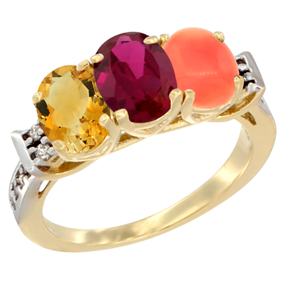 10K Yellow Gold Natural Citrine, Enhanced Ruby & Natural Coral Ring 3-Stone Oval 7x5 mm Diamond Accent, sizes 5 - 10