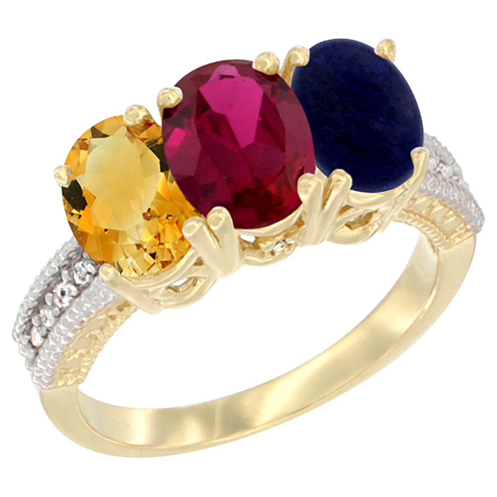 14K Yellow Gold Natural Citrine, Enhanced Ruby &amp; Natural Lapis Ring 3-Stone 7x5 mm Oval Diamond Accent, sizes 5 - 10
