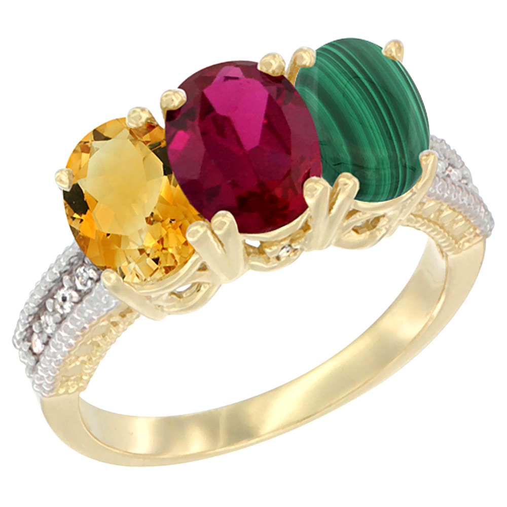 14K Yellow Gold Natural Citrine, Enhanced Ruby &amp; Natural Malachite Ring 3-Stone 7x5 mm Oval Diamond Accent, sizes 5 - 10