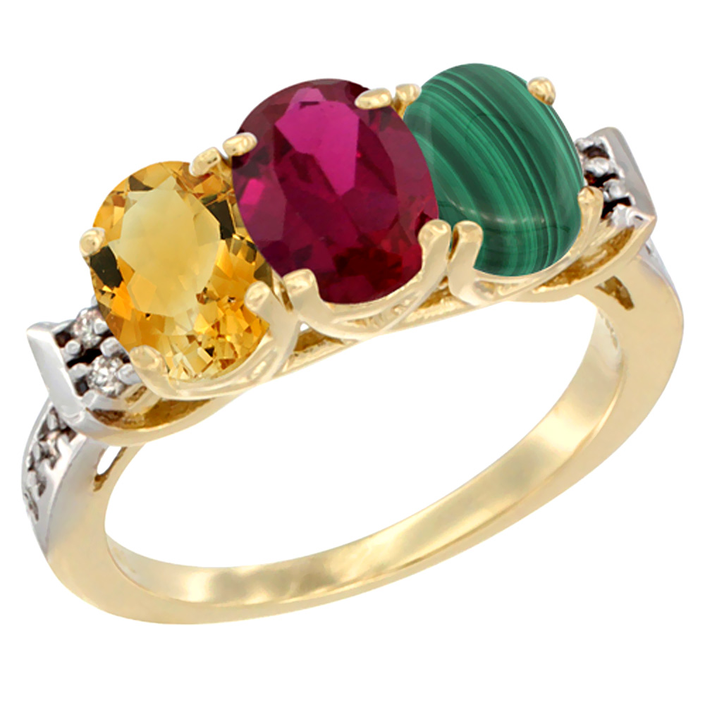 10K Yellow Gold Natural Citrine, Enhanced Ruby &amp; Natural Malachite Ring 3-Stone Oval 7x5 mm Diamond Accent, sizes 5 - 10