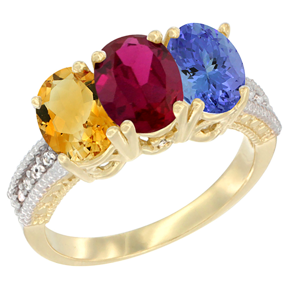14K Yellow Gold Natural Citrine, Enhanced Ruby & Natural Tanzanite Ring 3-Stone 7x5 mm Oval Diamond Accent, sizes 5 - 10