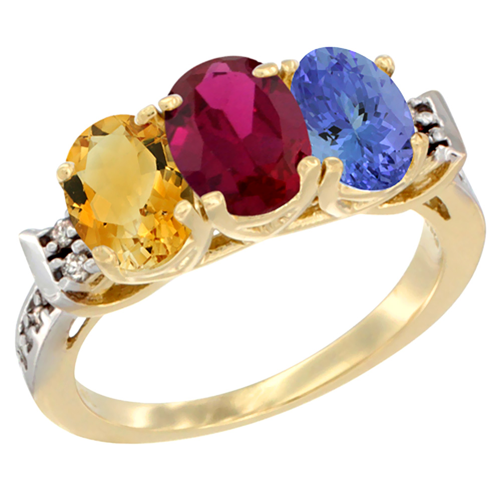 10K Yellow Gold Natural Citrine, Enhanced Ruby & Natural Tanzanite Ring 3-Stone Oval 7x5 mm Diamond Accent, sizes 5 - 10