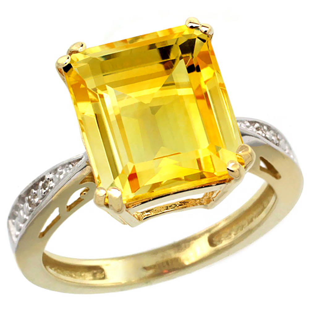 10K Yellow Gold Diamond Natural Citrine Ring Emerald-cut 12x10mm, sizes 5-10