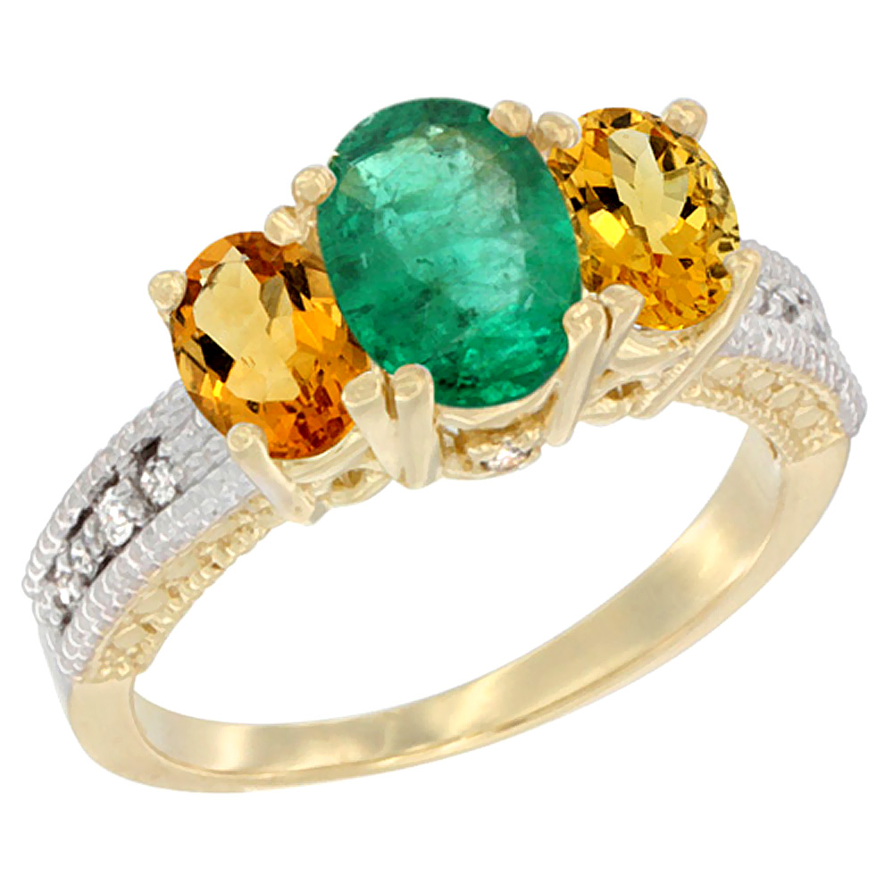14K Yellow Gold Diamond Natural Emerald Ring Oval 3-stone with Citrine, sizes 5 - 10