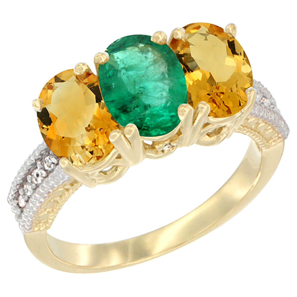14K Yellow Gold Natural Emerald &amp; Citrine Sides Ring 3-Stone 7x5 mm Oval Diamond Accent, sizes 5 - 10