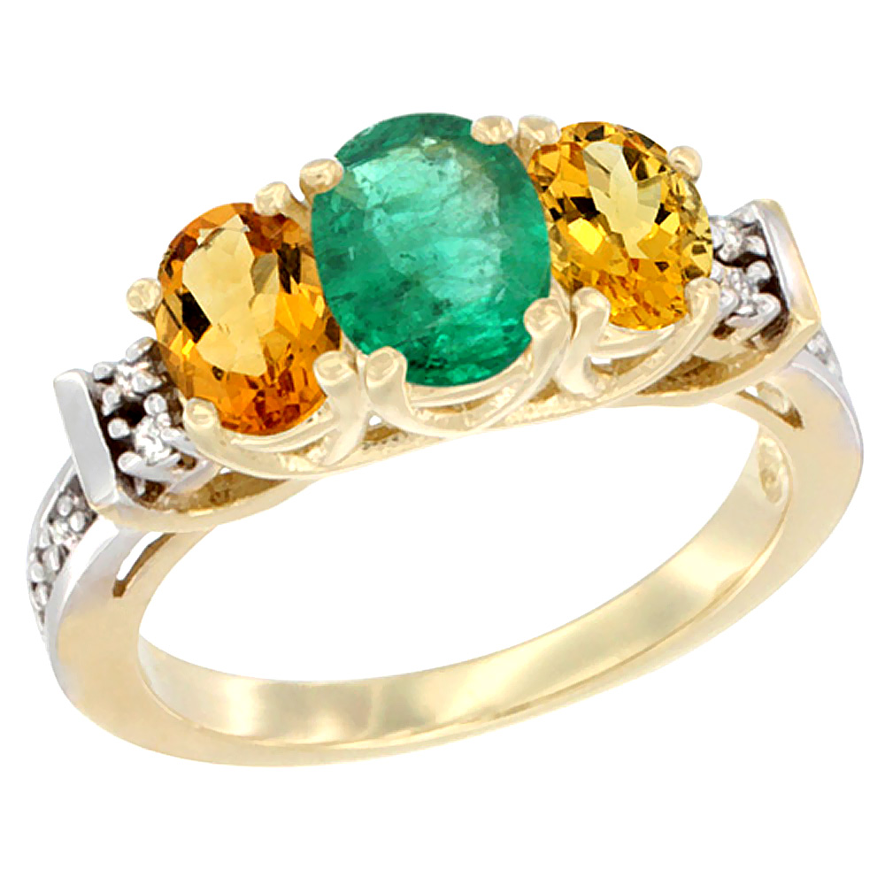14K Yellow Gold Natural Emerald &amp; Citrine Ring 3-Stone Oval Diamond Accent