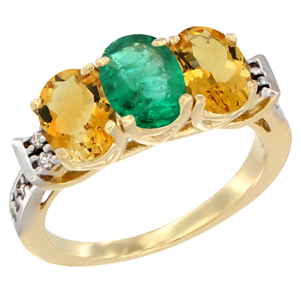 10K Yellow Gold Natural Emerald &amp; Citrine Sides Ring 3-Stone Oval 7x5 mm Diamond Accent, sizes 5 - 10