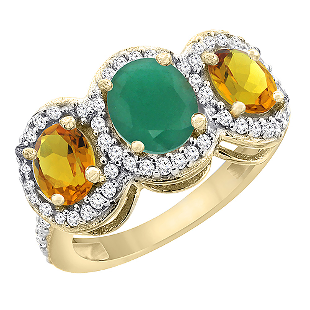 14K Yellow Gold Natural Cabochon Emerald &amp; Citrine 3-Stone Ring Oval Diamond Accent, sizes 5 - 10