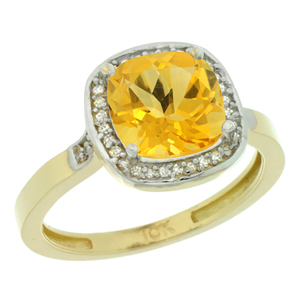 14K Yellow Gold Diamond Natural Citrine Ring Cushion-cut 8x8mm, sizes 5-10