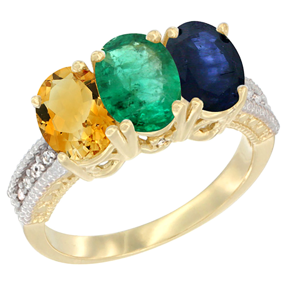 10K Yellow Gold Diamond Natural Citrine, Emerald & Blue Sapphire Ring 3-Stone 7x5 mm Oval, sizes 5 - 10