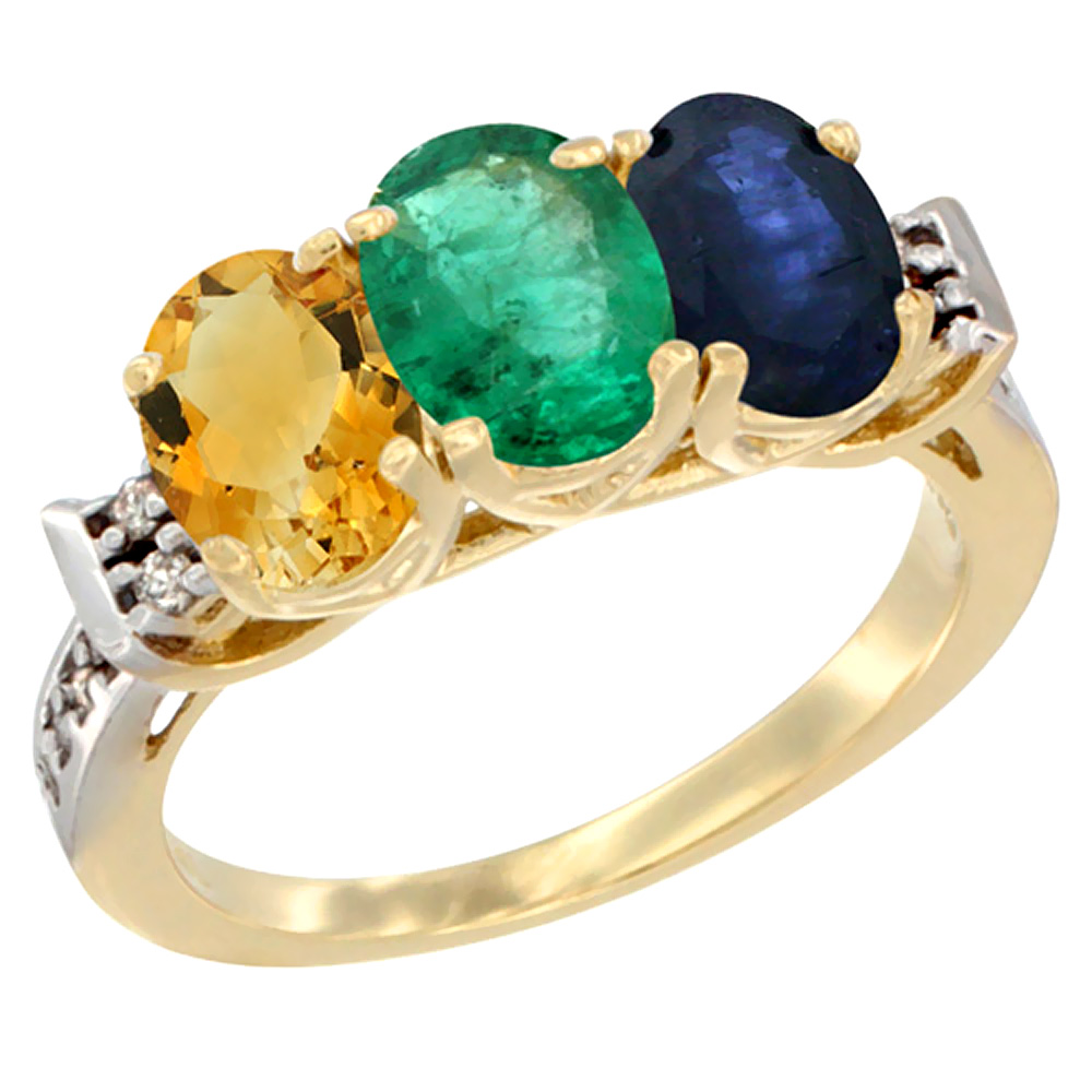 10K Yellow Gold Natural Citrine, Emerald &amp; Blue Sapphire Ring 3-Stone Oval 7x5 mm Diamond Accent, sizes 5 - 10