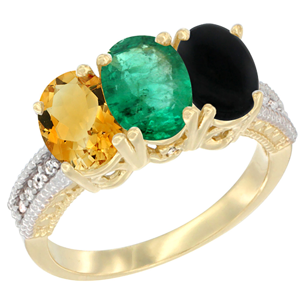 14K Yellow Gold Natural Citrine, Emerald & Black Onyx Ring 3-Stone 7x5 mm Oval Diamond Accent, sizes 5 - 10
