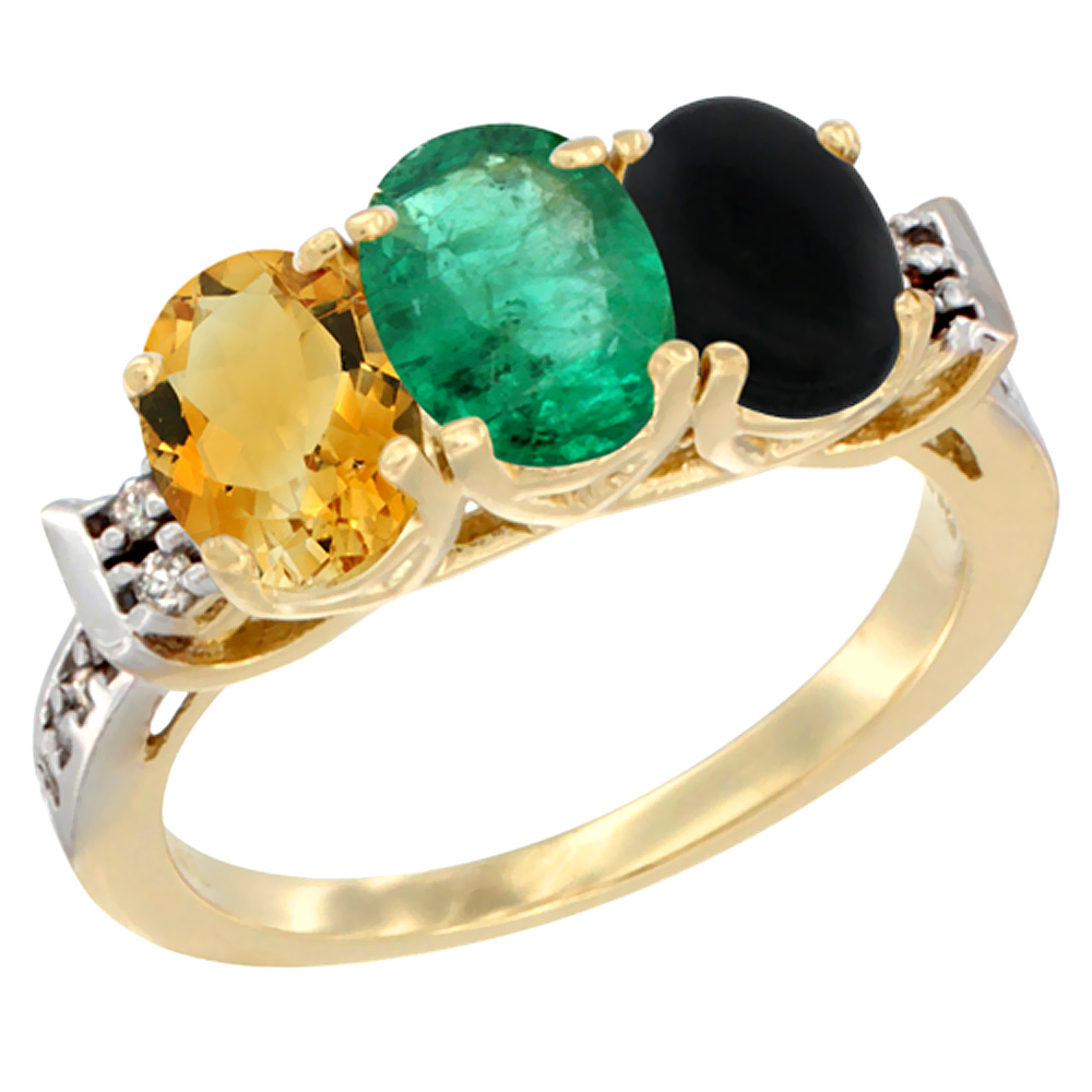 10K Yellow Gold Natural Citrine, Emerald & Black Onyx Ring 3-Stone Oval 7x5 mm Diamond Accent, sizes 5 - 10