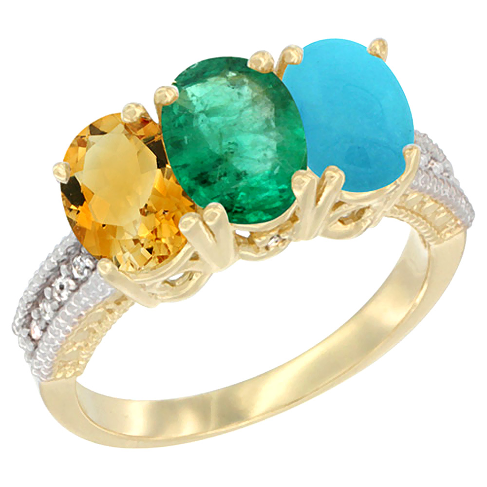 10K Yellow Gold Diamond Natural Citrine, Emerald & Turquoise Ring 3-Stone 7x5 mm Oval, sizes 5 - 10