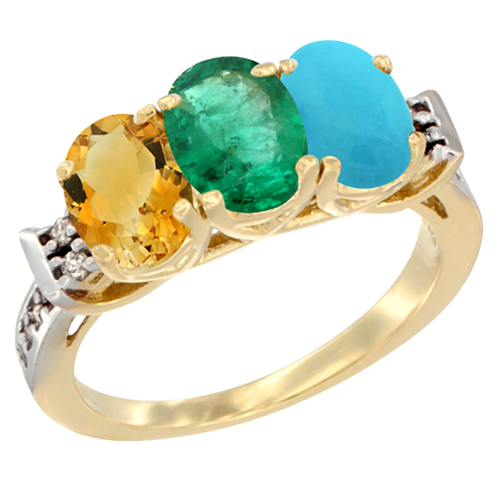 10K Yellow Gold Natural Citrine, Emerald & Turquoise Ring 3-Stone Oval 7x5 mm Diamond Accent, sizes 5 - 10