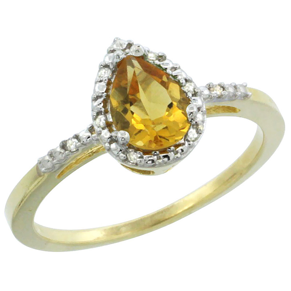 10K Yellow Gold Diamond Natural Citrine Ring Pear 7x5mm, sizes 5-10