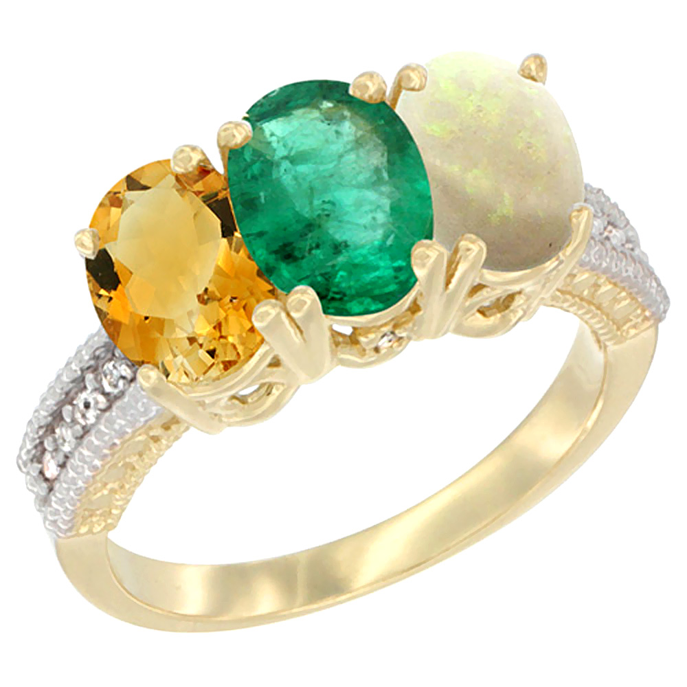 14K Yellow Gold Natural Citrine, Emerald &amp; Opal Ring 3-Stone 7x5 mm Oval Diamond Accent, sizes 5 - 10