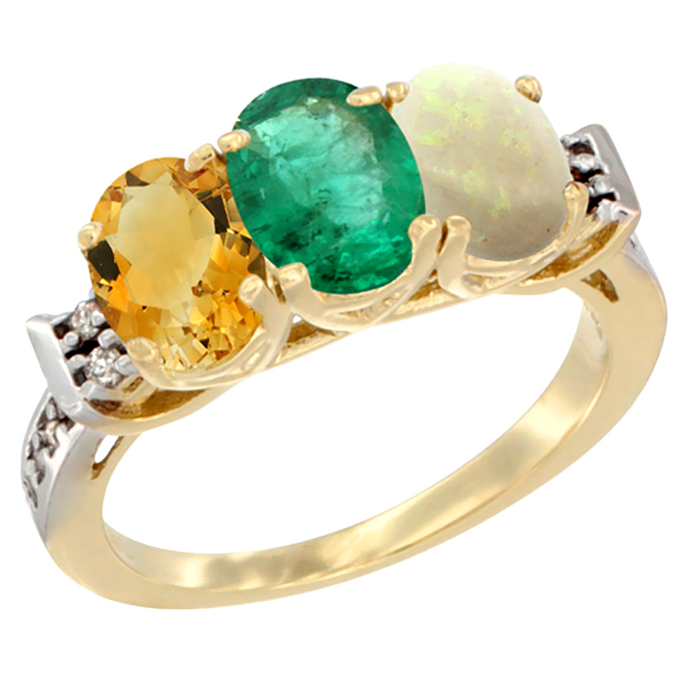 14K Yellow Gold Natural Citrine, Emerald &amp; Opal Ring 3-Stone 7x5 mm Oval Diamond Accent, sizes 5 - 10