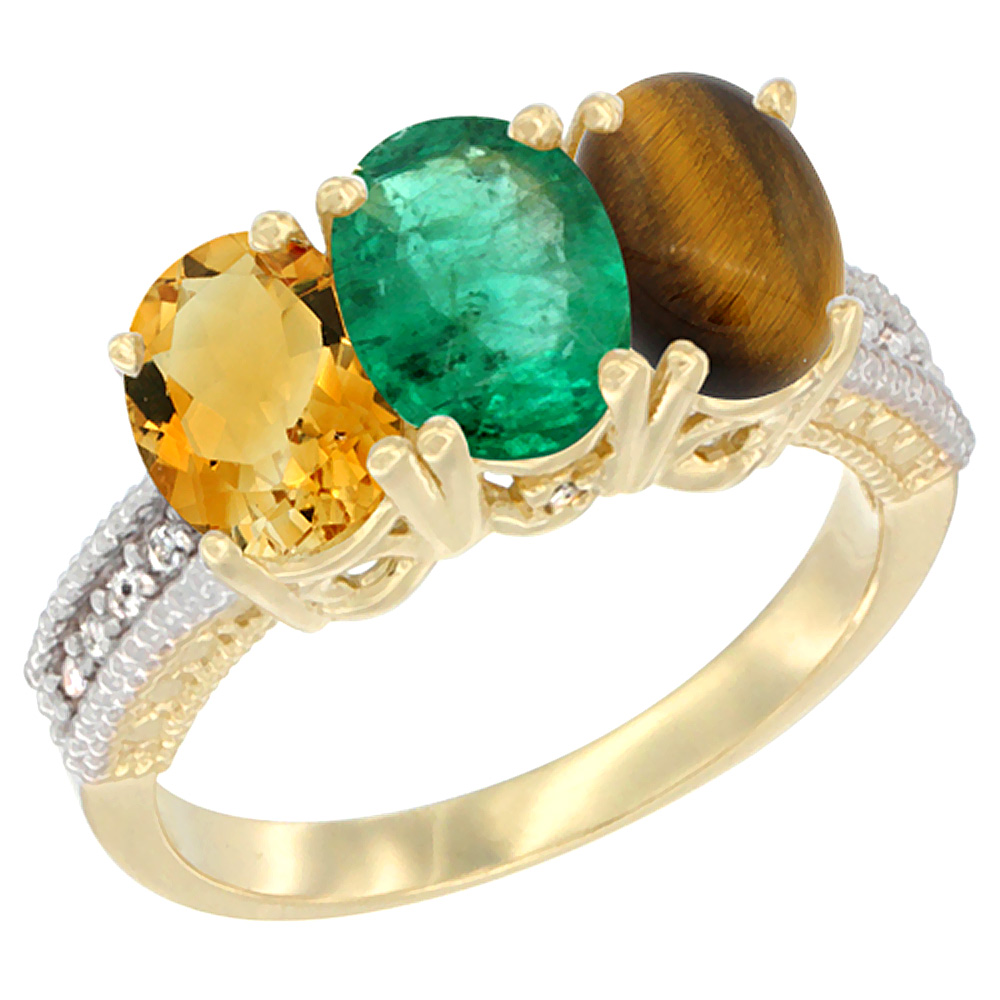 10K Yellow Gold Diamond Natural Citrine, Emerald &amp; Tiger Eye Ring 3-Stone 7x5 mm Oval, sizes 5 - 10