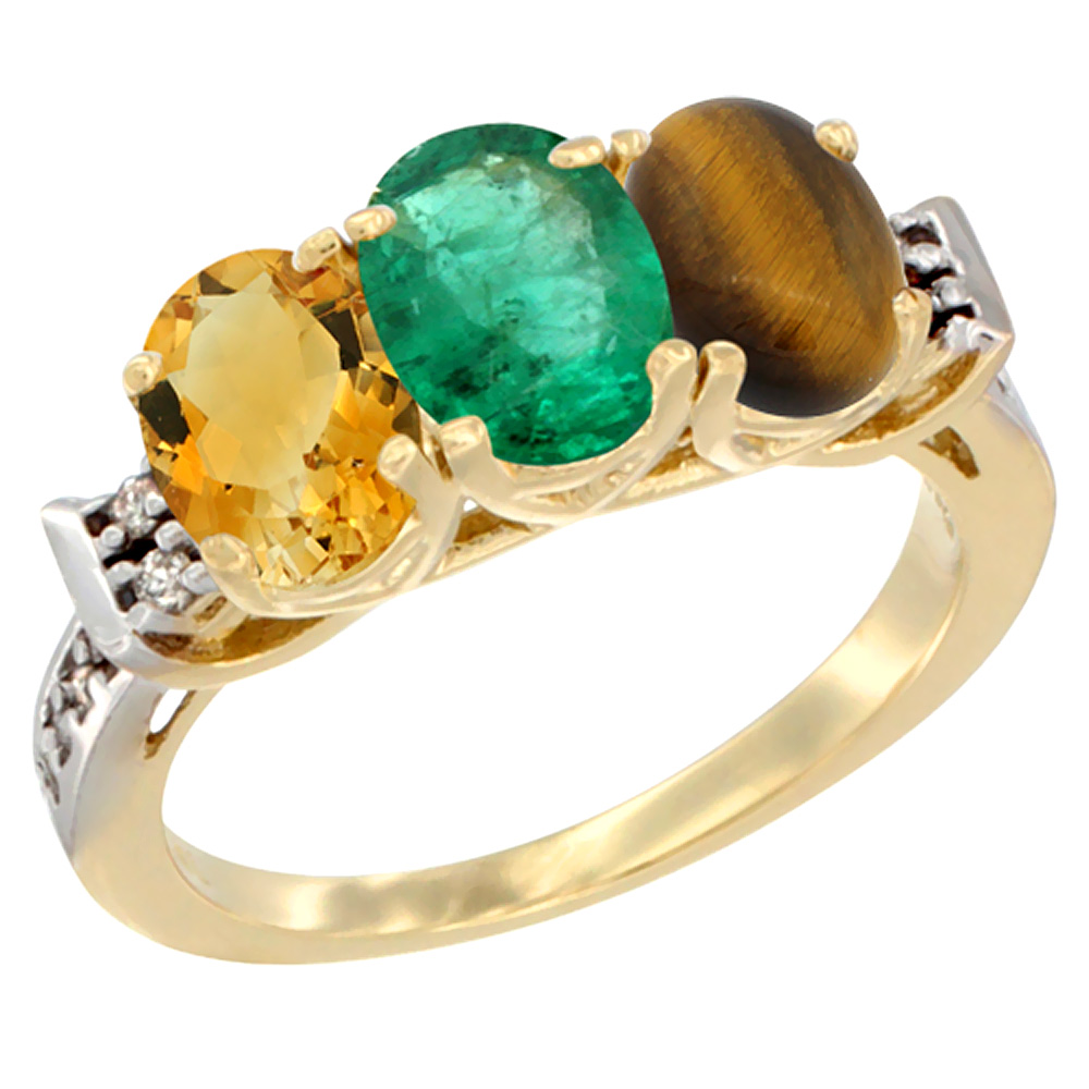 10K Yellow Gold Natural Citrine, Emerald &amp; Tiger Eye Ring 3-Stone Oval 7x5 mm Diamond Accent, sizes 5 - 10