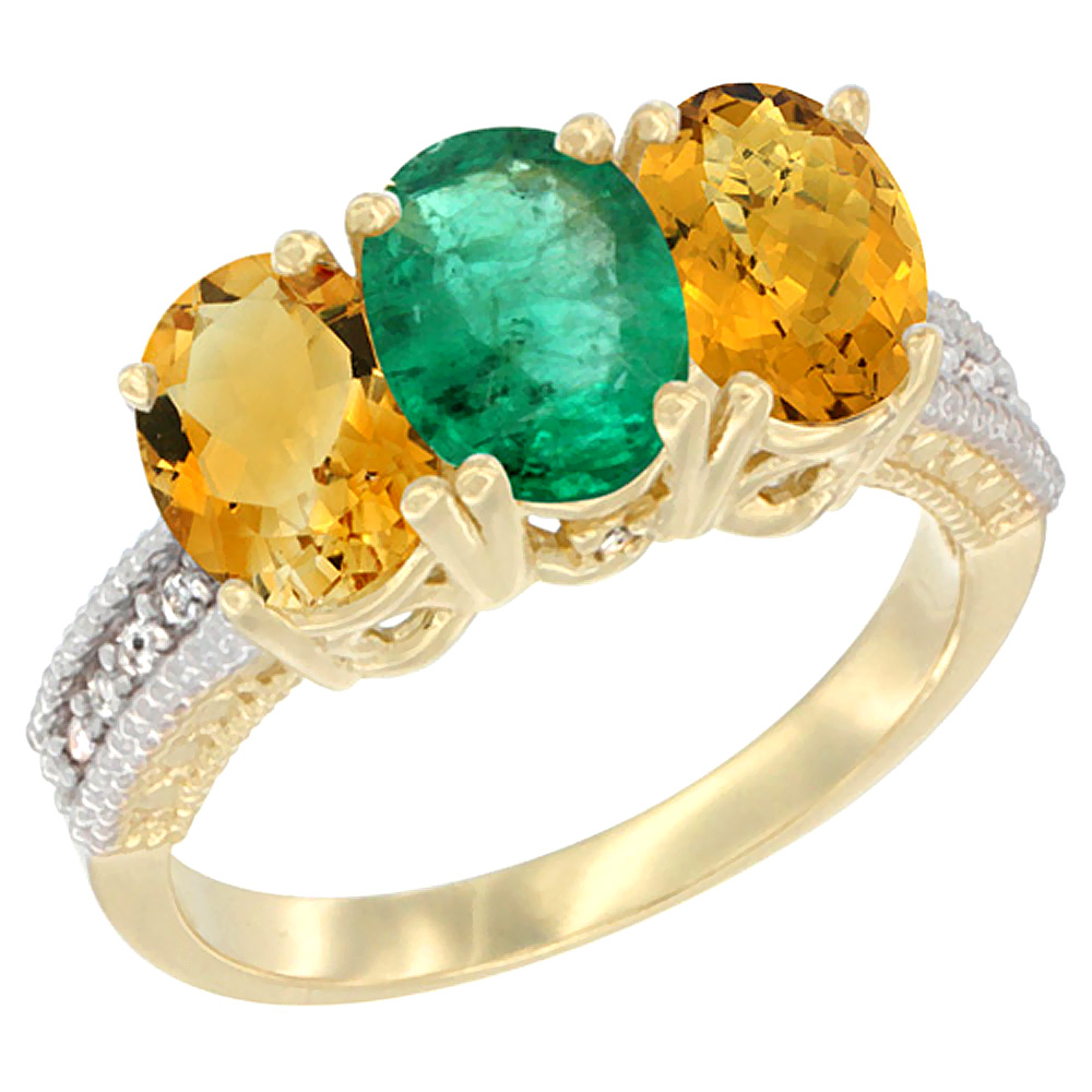 14K Yellow Gold Natural Citrine, Emerald &amp; Whisky Quartz Ring 3-Stone 7x5 mm Oval Diamond Accent, sizes 5 - 10