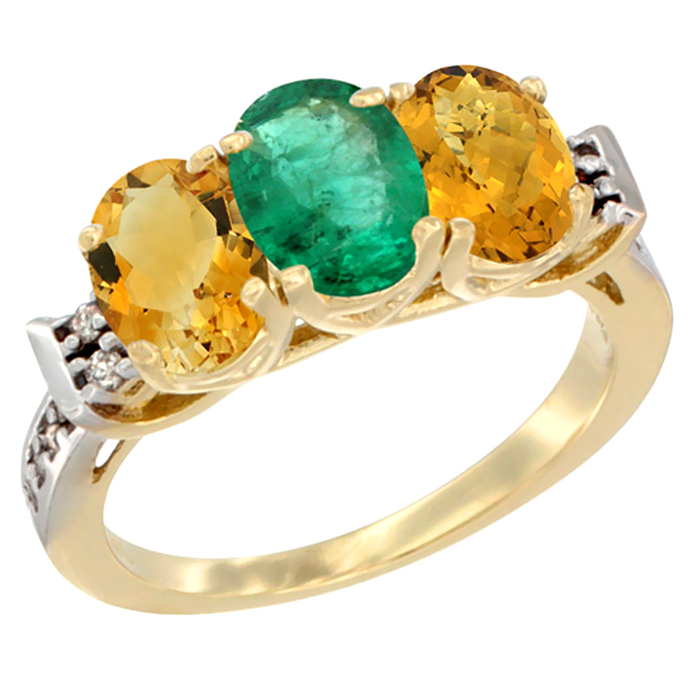 14K Yellow Gold Natural Citrine, Emerald &amp; Whisky Quartz Ring 3-Stone 7x5 mm Oval Diamond Accent, sizes 5 - 10